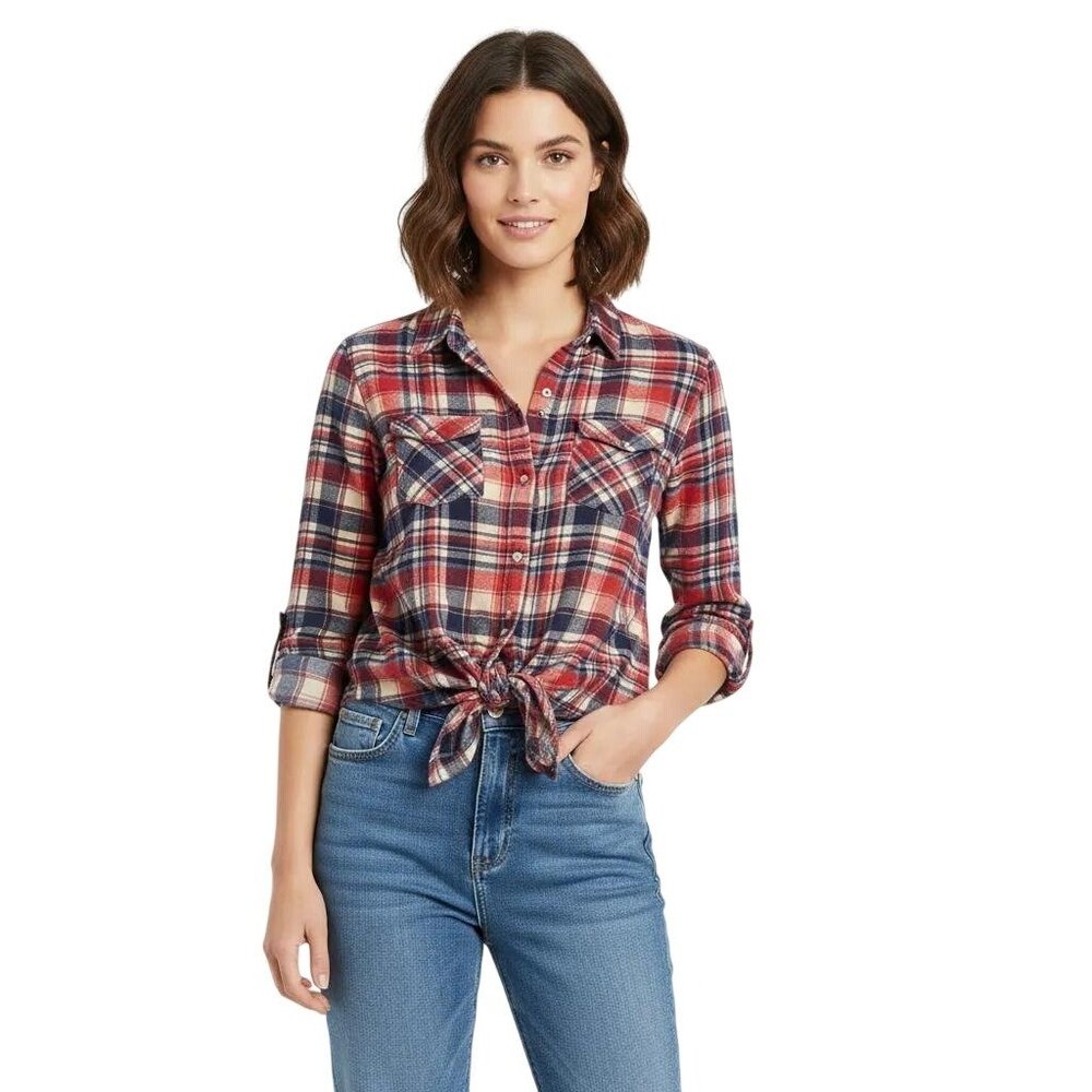 Passport Women's Red Plaid Tie-Front Long Sleeve Collared Crop Shirt Size Large